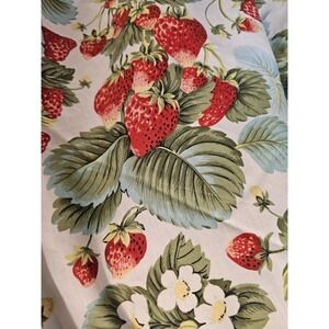 Vintage Strawberry Tablecloth & 8 Napkins 90's Round 88" Blue Red Cottage Clean